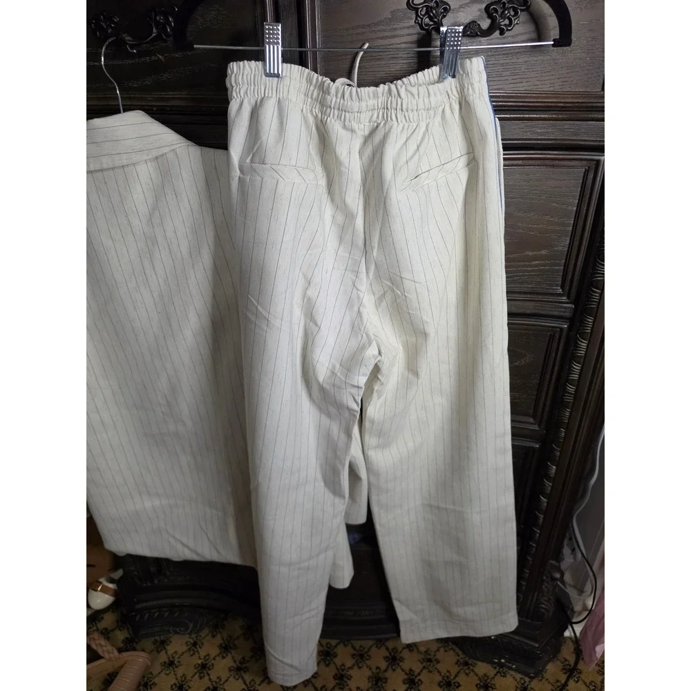 Divina Moda Womens Pinstripe Pant Suit Set Cream Blue Blazer Trousers Small